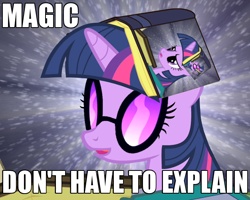 Size: 626x501 | Tagged: safe, edit, edited screencap, imported from twibooru, screencap, twilight sparkle, pony, unicorn, book, caption, female, image, image macro, mare, meme, open mouth, open smile, png, solo, sunglasses, text, unicorn twilight