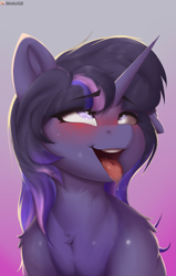 Size: 2215x3486 | Tagged: safe, artist:drawalaverr, imported from derpibooru, oc, oc only, oc:aurora sparkle, pony, unicorn, ahegao, blushing, bust, commission, drool, drool string, female, horn, looking up, mare, open mouth, portrait, simple background, solo, tongue out, unicorn oc, ych result