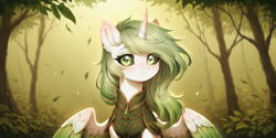 Size: 2400x1200 | Tagged: safe, imported from derpibooru, oc, oc only, oc:greeny frustration, alicorn, pony, ai content, ai generated, black sclera, bust, forest, green eyes, green hair, horn, looking at you, nature, portrait, prompter:greesys, solo, tree, wings