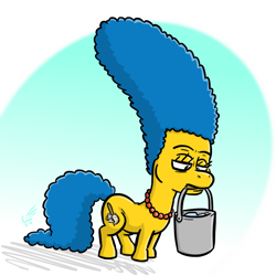 Size: 720x720 | Tagged: safe, artist:elerq, imported from derpibooru, earth pony, pony, beehive hairdo, bucket, female, jewelry, lidded eyes, mare, marge simpson, mouth hold, necklace, ponified, rule 85, solo, tail, the simpsons