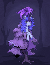 Size: 1748x2273 | Tagged: safe, artist:paskanaakka, derpibooru exclusive, imported from derpibooru, oc, oc only, oc:midnight dew, unicorn, colored hooves, elden ring, female, flower, flower pony, hooves, horn, lidded eyes, mare, saint trina, solo, unshorn fetlocks