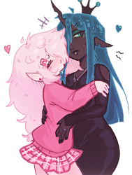 Size: 489x647 | Tagged: safe, artist:skullashik, imported from derpibooru, queen chrysalis, oc, oc:fluffle puff, human, blushing, canon x oc, chrysipuff, clothes, dress, female, hairclip, heart, holding each other, horn, horned humanization, humanized, jewelry, lesbian, lip piercing, lip ring, long sleeves, necklace, piercing, ring, shipping, simple background, skirt, sweater, white background