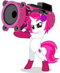 Size: 3000x3643 | Tagged: safe, artist:keronianniroro, imported from derpibooru, oc, oc only, oc:dazzler, pony, unicorn, bass cannon, belly, bipedal, cannon ponies, clothes, horn, red eyes, simple background, socks, solo, stockings, thigh highs, transparent background, vector