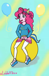 Size: 828x1287 | Tagged: safe, artist:xlivwafflezx, imported from derpibooru, pinkie pie, equestria girls, balloon, clothes, female, happy, open mouth, open smile, pony ears, skirt, smiling, space hopper, sweater