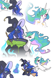 Size: 3000x4500 | Tagged: safe, artist:atardanto, imported from derpibooru, princess celestia, princess luna, alicorn, ghost, ghost pony, undead, broom, cauldron, cute, cutelestia, duo, duo female, female, flying, flying broomstick, hat, pot, potion, royal sisters, siblings, simple background, sisters, white background, witch hat