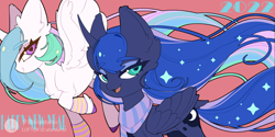 Size: 6000x3000 | Tagged: safe, artist:atardanto, imported from derpibooru, princess celestia, princess luna, alicorn, 2022, clothes, duo, duo female, female, happy new year, holiday, royal sisters, scarf, siblings, sisters