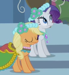 Size: 495x536 | Tagged: safe, imported from derpibooru, screencap, applejack, rarity, earth pony, pony, unicorn, a canterlot wedding, alternate hairstyle, bridesmaid, bridesmaid dress, bridesmaids, canterlot, canterlot castle, clothes, cropped, dress, eyes closed, female, floral head wreath, flower, flower in hair, gown, horn, mare, royal wedding, shocked, stairs, surprised