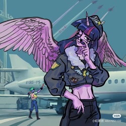 Size: 1080x1080 | Tagged: safe, artist:fa89802, imported from derpibooru, spike, twilight sparkle, anthro, human, plantigrade anthro, testing testing 1-2-3, airport, ancient wonderbolts uniform, aviator sunglasses, badge, bomber jacket, clothes, human spike, humanized, jacket, jet, jet fighter, midriff, plane, red little book source, spread wings, sunglasses, uniform, wings