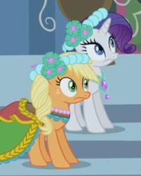 Size: 444x552 | Tagged: safe, imported from derpibooru, screencap, applejack, rarity, earth pony, pony, unicorn, a canterlot wedding, alternate hairstyle, bridesmaid, bridesmaid dress, bridesmaids, canterlot, canterlot castle, clothes, cropped, dress, female, floral head wreath, flower, flower in hair, gown, horn, mare, royal wedding, shocked, stairs, surprised