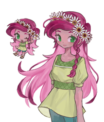 Size: 3000x3500 | Tagged: safe, artist:utttttttoo, imported from derpibooru, gloriosa daisy, human, equestria girls, chibi, clothes, dress, duality, flag, floral head wreath, flower, one eye closed, open mouth, self paradox, shorts, simple background, smiling, solo, white background, wink