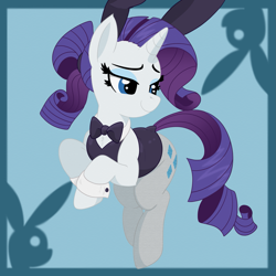 Size: 1919x1919 | Tagged: safe, artist:tunter, imported from derpibooru, rarity, pony, unicorn, bowtie, bunny suit, clothes, female, horn, lidded eyes, mare, rearing, smiling, solo