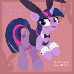 Size: 1919x1919 | Tagged: safe, artist:tunter, imported from derpibooru, rarity, twilight sparkle, pony, unicorn, blushing, bowtie, bunny suit, clothes, dialogue, embarrassed, female, mare, offscreen character, rearing, unicorn twilight