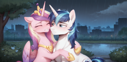 Size: 2392x1164 | Tagged: safe, imported from derpibooru, princess cadance, shining armor, alicorn, pony, unicorn, ai content, ai generated, city, crown, crying, duo, duo male and female, eyes closed, female, gritted teeth, hope, horn, hug, jewelry, lake, male, prompter:greesys, rain, regalia, reunion, sad, scenery, shiningcadance, shipping, straight, teeth, tree, water