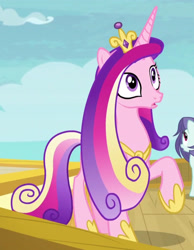 Size: 3000x3869 | Tagged: safe, edit, edited screencap, imported from derpibooru, screencap, princess cadance, alicorn, pony, once upon a zeppelin, airship, background pony, cropped, female, mare, multicolored hair, multicolored mane, pink coat, pink fur, pink pony, raised hoof, solo focus, wide eyes