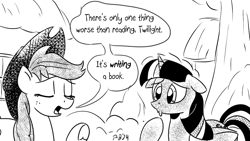 Size: 1200x675 | Tagged: safe, artist:pony-berserker, imported from derpibooru, applejack, twilight sparkle, alicorn, earth pony, pony, duo, duo female, eyes closed, female, floppy ears, implied book, implied reading, open mouth, pony-berserker's twitter sketches, pony-berserker's twitter sketches (2024), raised hoof, truth, twilight sparkle (alicorn), underhoof