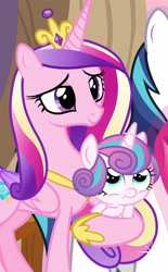 Size: 3000x4828 | Tagged: safe, edit, edited screencap, imported from derpibooru, screencap, princess cadance, princess flurry heart, shining armor, alicorn, pony, unicorn, once upon a zeppelin, carrying, cropped, crown, family, female, holding a pony, horn, jewelry, lidded eyes, male, multicolored hair, multicolored mane, regalia, smiling, trio