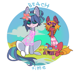 Size: 841x829 | Tagged: safe, artist:cutesykill, imported from derpibooru, big macintosh, shining armor, earth pony, pony, unicorn, alternate accessories, alternate clothes, alternate hairstyle, beach, beach outfit, blue eyes, blue mane, blue sclera, blue tail, blue text, circle background, clothes, cloud, colored pinnae, colored sclera, day, drink, duo, duo male, ear piercing, earring, flower, flower in hair, glasses, green eyes, hair bun, hair over one eye, hawaiian shirt, heart shaped glasses, hooped earrings, horn, jewelry, lidded eyes, long mane, long mane male, long neck, long tail, male, no catchlights, ocean, orange mane, orange tail, outdoors, piercing, sand, seashell, shirt, sitting, slender, slit pupils, smiling, striped swimsuit, sunglasses, sunglasses on head, swimsuit, table, tail, tall ears, text, thin, tied mane, two toned mane, two toned tail, unicorn horn, wall of tags, water, white coat, wooden table