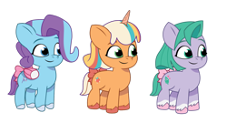 Size: 7298x3953 | Tagged: safe, imported from derpibooru, earth pony, pegasus, pony, unicorn, female, filly, foal, g5, glory (g5), horn, my little pony: tell your tale, peach fizz, pippsqueak trio, pippsqueaks, seashell (g5), simple background, transparent background, trio, trio female