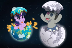 Size: 1095x730 | Tagged: safe, artist:faitheverlasting, imported from derpibooru, smarty pants, twilight sparkle, pony, unicorn, bluey, cute, dream, duo, egg, equus, female, filly, filly twilight sparkle, hatching, lava, mare in the moon, moon, open mouth, open smile, sleepytime, smiling, tangible heavenly object, twiabetes, unicorn twilight, younger