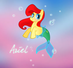 Size: 800x755 | Tagged: safe, artist:nippy13, imported from derpibooru, merpony, pony, 2011, ariel, bubble, disney, disney princess, dorsal fin, fin, fish tail, flowing mane, flowing tail, looking at you, ocean, ponified, scales, smiling, smiling at you, solo, swimming, tail, the little mermaid, underwater, water