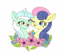 Size: 1920x1561 | Tagged: safe, artist:lomewa, imported from derpibooru, bon bon, lyra heartstrings, sweetie drops, earth pony, pony, unicorn, 2022, duo, duo female, female, flower, heart, horn, lesbian, lyrabon, mare, shipping, simple background, white background