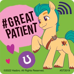 Size: 700x700 | Tagged: safe, imported from derpibooru, hitch trailblazer, earth pony, pony, 2022, g5, green background, hashtag, heart, horseshoes, looking to the left, male, official, raised hoof, sheriff's badge, simple background, smilemakers, solo, speech bubble, stallion, sticker, text