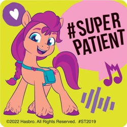 Size: 700x700 | Tagged: safe, imported from derpibooru, sunny starscout, earth pony, pony, 2022, braid, female, g5, hashtag, lime background, looking at you, mare, music notes, official, smilemakers, solo, speech bubble, sticker, text, unshorn fetlocks