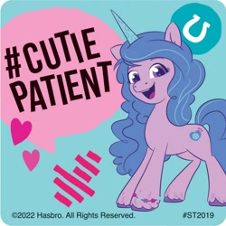 Size: 700x700 | Tagged: safe, imported from derpibooru, izzy moonbow, pony, unicorn, 2022, bracelet, female, g5, hashtag, heart, horn, horseshoes, jewelry, looking at you, mare, official, open mouth, simple background, smilemakers, solo, speech bubble, sticker, teal background, text, unshorn fetlocks