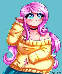 Size: 2565x3064 | Tagged: safe, artist:mylittleyuri, imported from derpibooru, fluttershy, human, blush lines, blushing, breasts, busty fluttershy, choker, chokershy, clothes, cute, elf ears, eyebrows, eyebrows visible through hair, female, heart, heart eyes, humanized, light blue background, looking up, off shoulder, off shoulder sweater, shyabetes, signature, simple background, smiling, solo, sweater, sweatershy, wingding eyes