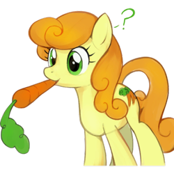 Size: 512x512 | Tagged: source needed, safe, artist:marbo, edit, imported from twibooru, carrot top, golden harvest, carrot, food, image, mouth hold, png, question mark, simple background, solo, standing, transparent background