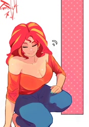 Size: 1400x2000 | Tagged: safe, artist:sozglitch, imported from derpibooru, sunset shimmer, human, barefoot, big breasts, breasts, busty sunset shimmer, cleavage, clothes, denim, eyes closed, feet, female, hand on leg, hand on thigh, huge breasts, humanized, jeans, light skin, looking at you, nail polish, off shoulder, pants, simple background, smiling, smiling at you, solo, white background