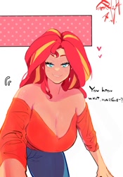 Size: 1400x2000 | Tagged: safe, artist:sozglitch, imported from derpibooru, sunset shimmer, human, bedroom eyes, big breasts, breasts, busty sunset shimmer, cleavage, clothes, denim, dialogue, female, floating heart, heart, huge breasts, humanized, jeans, light skin, looking at you, off shoulder, pants, simple background, smiling, smiling at you, solo, talking to viewer, white background