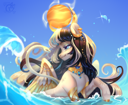 Size: 2200x1800 | Tagged: safe, artist:ryusya, imported from derpibooru, oc, oc only, pegasus, snake, cleopatra, crepuscular rays, depth of field, egyptian, egyptian pony, gold, long hair, ocean, outdoors, partially submerged, sky, solo, sparkles, splash, spread wings, sun, sunlight, swimming, water, wave, wet, wings