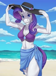 Size: 3504x4716 | Tagged: safe, artist:tauts05, imported from derpibooru, rarity, anthro, beach, hat, ocean, rarity's blue sarong, rarity's purple bikini, solo, water