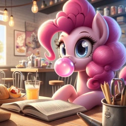 Size: 1024x1024 | Tagged: safe, imported from derpibooru, pinkie pie, ai content, ai generated, book, bubblegum, drink, food, gum, prompter:pinkiepiepics, solo