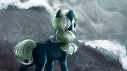 Size: 1600x893 | Tagged: safe, artist:nazalik, imported from derpibooru, oc, oc only, oc:waviesee, pony, complex background, hair, hair bun, looking at someone, looking down, ocean, outdoors, signature, sketch, solo, water