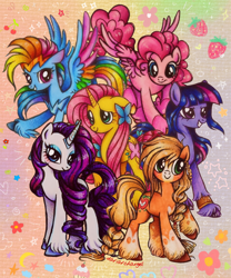 Size: 1080x1295 | Tagged: safe, artist:dariarchangel, imported from derpibooru, applejack, fluttershy, pinkie pie, rainbow dash, rarity, twilight sparkle, butterfly, earth pony, pegasus, pony, unicorn, abstract background, applejack (g5 concept leak), bangs, big eyes, blonde, blonde hair, blonde mane, blonde tail, blue coat, blue eyes, blue eyeshadow, bracelet, braid, braided tail, cherry, coat markings, colored hooves, colored wings, cupcake, curly hair, curly mane, curly tail, cute, dashabetes, diapinkes, earth pony twilight, eyeshadow, female, floppy ears, flower, fluttershy (g5 concept leak), flying, food, g5, g5 concept leaks, g5 to g4, generation leap, green eyes, group, group photo, group picture, headband, heart, hooves, jackabetes, jewelry, large wings, leg fluff, long hair, long mane, long tail, looking at someone, makeup, mane six, mane six (g5 concept leak), mare, multicolored hair, multicolored mane, multicolored tail, multicolored wings, pegasus pinkie pie, pink coat, pink hair, pink mane, pink tail, pinkie pie (g5 concept leak), purple coat, purple eyes, purple hair, purple mane, purple tail, race swap, rainbow dash (g5 concept leak), rainbow hair, rainbow wings, raised hoof, raribetes, rarity (g5 concept leak), sextet, shy, shy smile, shyabetes, smiling, sparkles, spread wings, standing, stars, straight hair, straight mane, straight tail, strawberry, tail, three toned mane, tiara, twiabetes, twilight sparkle (g5 concept leak), two toned mane, unicorn fluttershy, unshorn fetlocks, wall of tags, what could have been, white coat, wings, yellow coat