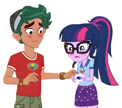 Size: 7420x6594 | Tagged: safe, edit, edited screencap, imported from derpibooru, screencap, sci-twi, timber spruce, twilight sparkle, equestria girls, awkward, background removed, blushing, camp everfree logo, camp everfree outfits, clothes, curly hair, cute, duo, duo male and female, embarrassed, female, glasses, hat, male, my little pony equestria girls: legend of everfree, not a vector, ponytail, shipping, shipping fuel, shirt, shorts, shy, simple background, straight, timbertwi, transparent background, wristband