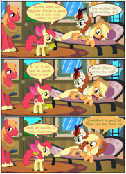 Size: 2700x3713 | Tagged: safe, artist:gm-scoots, imported from derpibooru, apple bloom, applejack, autumn blaze, big macintosh, earth pony, kirin, pony, comic:bleeding hearts, apple siblings, apple sisters, autumnjack, brother and sister, female, filly, foal, lesbian, male, mare, preggo jack, pregnant, shipping, siblings, sisters, stallion