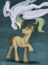 Size: 2447x3299 | Tagged: safe, artist:firehello, imported from derpibooru, derpy hooves, doctor whooves, time turner, earth pony, pegasus, pony, digital art, doctorderpy, duo, duo male and female, female, flying, looking at each other, looking at someone, male, shipping, smiling, straight