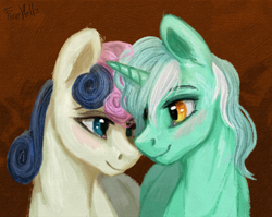 Size: 2760x2195 | Tagged: safe, artist:firehello, imported from derpibooru, bon bon, lyra heartstrings, sweetie drops, earth pony, pony, unicorn, blushing, digital art, duo, duo female, female, horn, lesbian, looking at each other, looking at someone, lyrabon, shipping, smiling