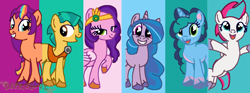 Size: 2030x755 | Tagged: safe, imported from derpibooru, hitch trailblazer, izzy moonbow, pipp petals, sunny starscout, zipp storm, earth pony, pegasus, unicorn, applejack (g5), base used, female, fluttershy (g5), g5, g5 to g4, generation leap, horn, mane five, mane six (g5), mare, misty brightdawn, multicolored hair, my little pony: a new generation, pinkie pie (g5), rainbow dash (g5), raised hoof, rarity (g5), twilight sparkle (g5)