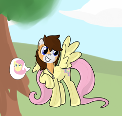 Size: 928x884 | Tagged: safe, artist:baumbs, imported from derpibooru, fluttershy, oc, oc:binary bauble, earth pony, pegasus, pony, :s, blushing, fluttershy suit, grin, inanimate tf, living clothes, living suit, male, ponysuit, raised hoof, smiling, speech bubble, spread wings, stallion, suiting, transformation, tree, wavy mouth, wings, zipper