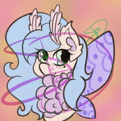 Size: 3000x3000 | Tagged: safe, artist:solardoodles, imported from derpibooru, oc, oc only, oc:sunset breeze, hybrid, insect, moth, mothpony, original species, pony, adoptable, antennae, bust, chest fluff, hybrid oc, obtrusive watermark, portrait, signature, smiling, solo, spread wings, watermark, wings