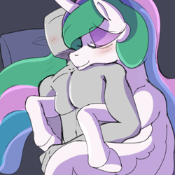 Size: 500x500 | Tagged: safe, artist:enonnnymous, imported from derpibooru, princess celestia, oc, oc:anon, human, pony, blushing, cuddling, duo, duo male and female, eyes closed, female, hug, hug from behind, human on pony snuggling, male, pillow, sleeping, snuggling, spooning, winghug, wings