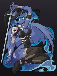 Size: 1538x2048 | Tagged: safe, artist:dodsie, imported from derpibooru, princess luna, alicorn, anthro, arm wraps, bird skull, bodysuit, boots, bracelet, breasts, cleavage, clothes, cutie mark on anthro, ethereal mane, ethereal tail, female, hat, jewelry, neck wraps, necklace, shoes, solo, sword, tail, tooth, weapon, witch hat