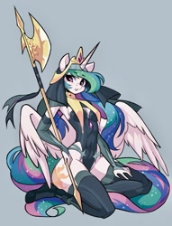 Size: 1567x2048 | Tagged: safe, artist:dodsie, imported from derpibooru, princess celestia, alicorn, anthro, axe, battle axe, bodysuit, breasts, cleavage, clothes, cutie mark on anthro, ethereal mane, ethereal tail, evening gloves, fantasy class, female, fingerless elbow gloves, fingerless gloves, gloves, gray background, headdress, long gloves, simple background, solo, tail, warrior, weapon