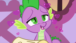 Size: 1280x720 | Tagged: safe, imported from derpibooru, screencap, spike, dragon, just for sidekicks, season 3, carousel boutique, heart, implied rarity, implied shipping, implied sparity, implied straight, open mouth, scroll, smiling, solo, wingless spike