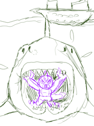 Size: 768x1024 | Tagged: safe, artist:lullabyjak, imported from derpibooru, oc, oc only, oc:gorge, anthro, dragon, shark, baby, baby dragon, cruise ship, imminent vore, not spike, pacifier, sharp teeth, sketch, solo, teeth, water, wip