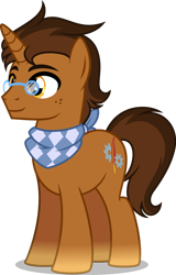 Size: 827x1289 | Tagged: safe, artist:stellardust, imported from derpibooru, oc, oc only, oc:copper plume, pony, unicorn, bandana, brown coat, brown mane, brown tail, commission, freckles, glasses, gradient hooves, horn, male, neckerchief, round glasses, show accurate, simple background, smiling, solo, stallion, stallion oc, standing, tail, transparent background, unicorn horn, unicorn oc, yellow eyes